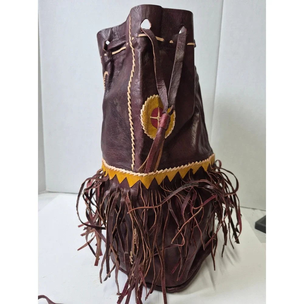 Vintage Handmade Leather Fringe Medicine Bag Drawstring Pouch Burgundy Boho
